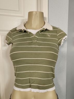 GIR'LS UNIONBAY Olive Green Striped Polo Crop Top with Cream Collar. stretch